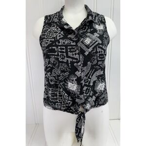 Harry Potter Marauder's Map Black Sleeveless Button Down Tie Front Top Women's M